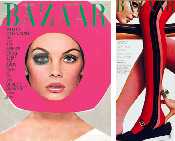 Left: Model Jean Shrimpton on the famous cover of Harper's Bazaar April 1965, with the winking eye. Art direction: Ruth Ansel and Bea Feitler. Photo: Richard Avedon. © 2010 The Richard Avedon Foundation. Right: Harper’s Bazaar fold-down cover, August 1966. Art direction: Ruth Ansel and Bea Feitler. Photo: James Moore.